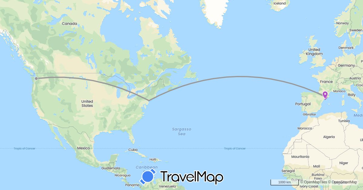 TravelMap itinerary: driving, plane, train in Spain, United States (Europe, North America)